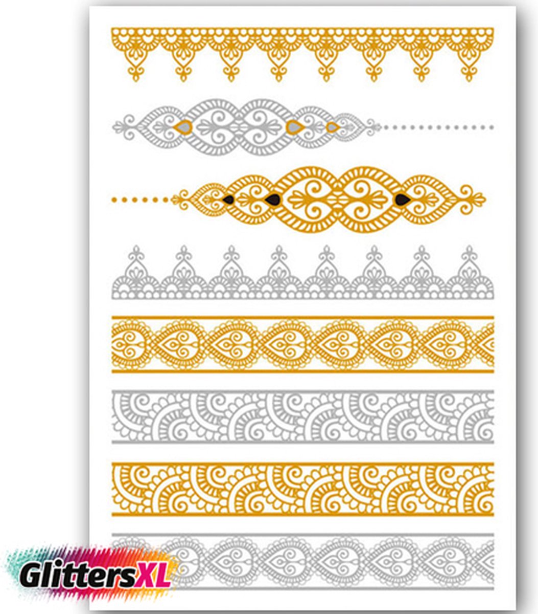 GlittersXL - Temporary Tattoo Goud/Gold (11x6cm) [Neptattoo Ibiza Turquoise - Tijdelijke tatoeage - Nep Fake Tattoos - Water overdraagbare festival sticker henna outfit tattoo - Glitter tattoo - Volwassenen Kinderen Jongen Meisje]